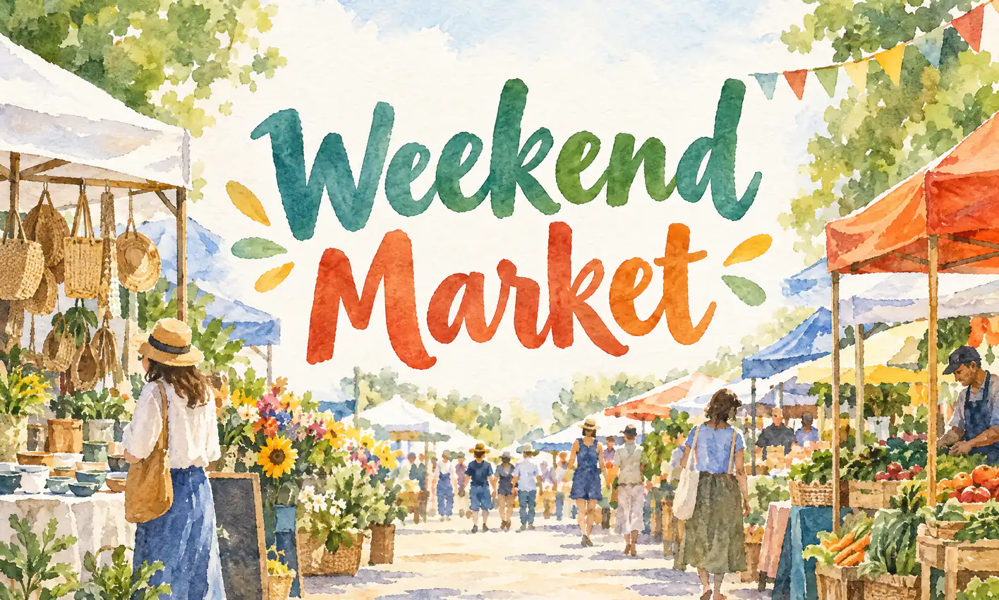 AIで生成した水彩風のマーケットのポスター、中央に大きく「Weekend Market」の文字、指示：水彩風の週末マーケットのポスター、中央に大きく「Weekend Market」、ほかの文字は入れない